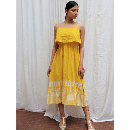 Chidiyaa Mimosa Yellow Printed Cotton Midi Dress