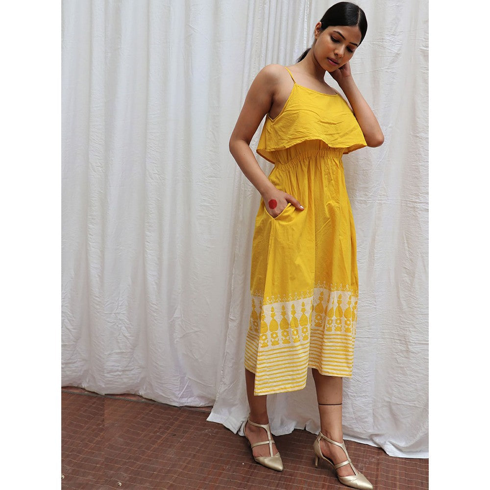 Chidiyaa Mimosa Yellow Printed Cotton Midi Dress