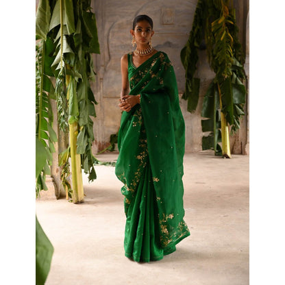 DEEPTHEE Molten Gold Yellow Hand Embroidered Saree with Stitched Blouse