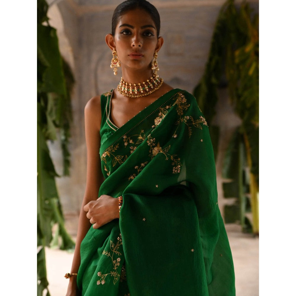 DEEPTHEE Molten Gold Yellow Hand Embroidered Saree with Stitched Blouse