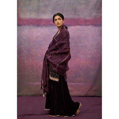 DEEPTHEE Purple Hand Embroidered Short Kurta with Sharara & Dupatta (Set of 3)