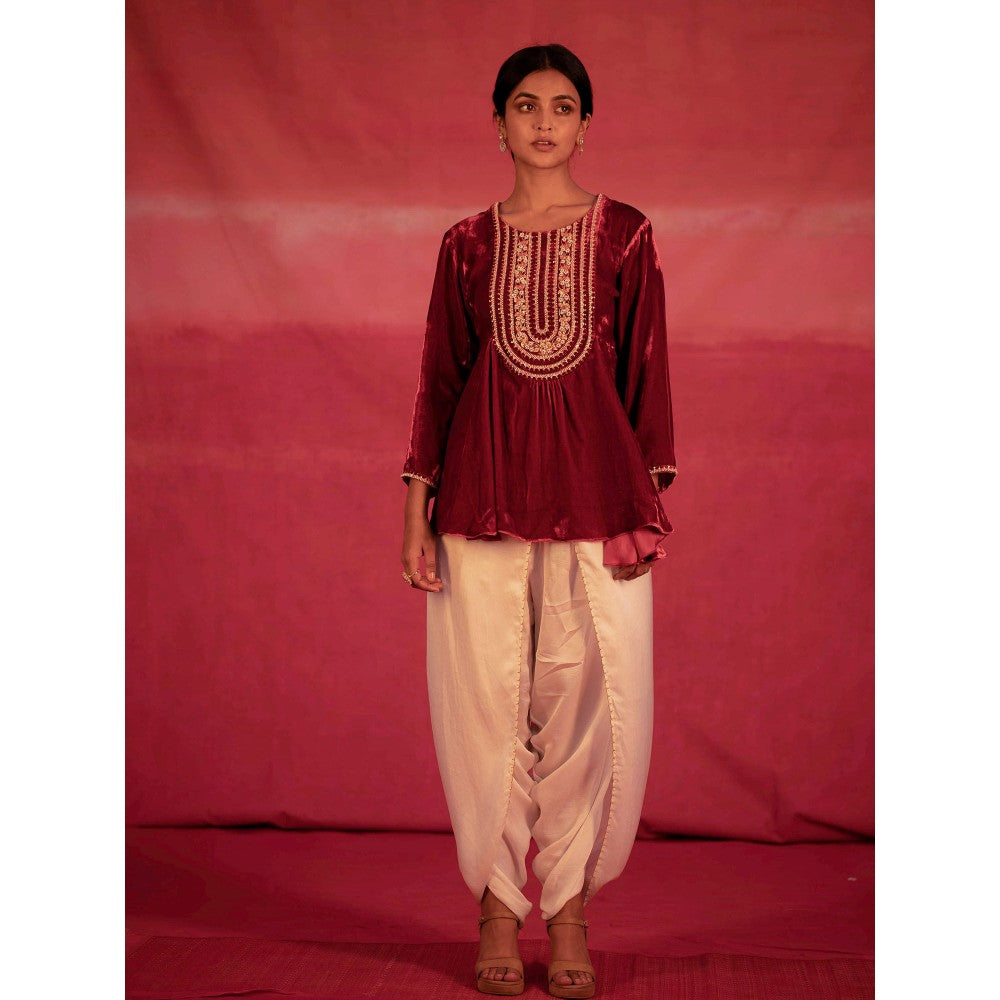 DEEPTHEE Red Yoke Hand Embroidered Peplum Top & Dhoti Pants (Set of 2)