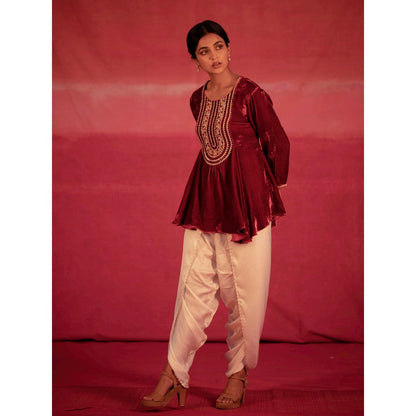 DEEPTHEE Red Yoke Hand Embroidered Peplum Top & Dhoti Pants (Set of 2)