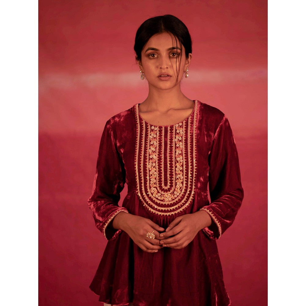 DEEPTHEE Red Yoke Hand Embroidered Peplum Top & Dhoti Pants (Set of 2)