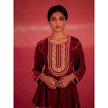 DEEPTHEE Red Yoke Hand Embroidered Peplum Top & Dhoti Pants (Set of 2)