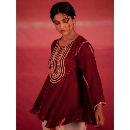 DEEPTHEE Red Yoke Hand Embroidered Peplum Top & Dhoti Pants (Set of 2)