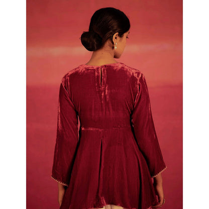 DEEPTHEE Red Yoke Hand Embroidered Peplum Top & Dhoti Pants (Set of 2)