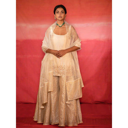 DEEPTHEE Metallic Jaal Hand Embroidered Short Kurti & Sharara with Dupatta (Set of 3)