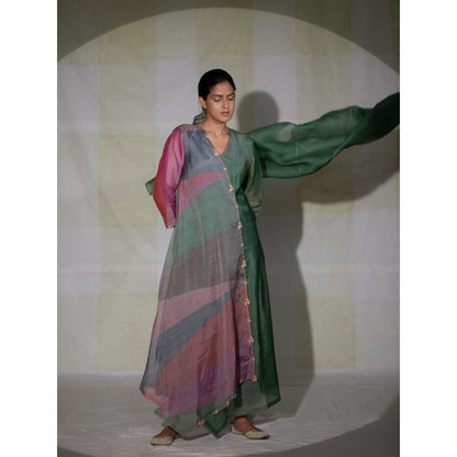 DEEPTHEE Green Hand Embroidered Phool Guchha Crossover Kurta with Pant & Dupatta (Set of 3)