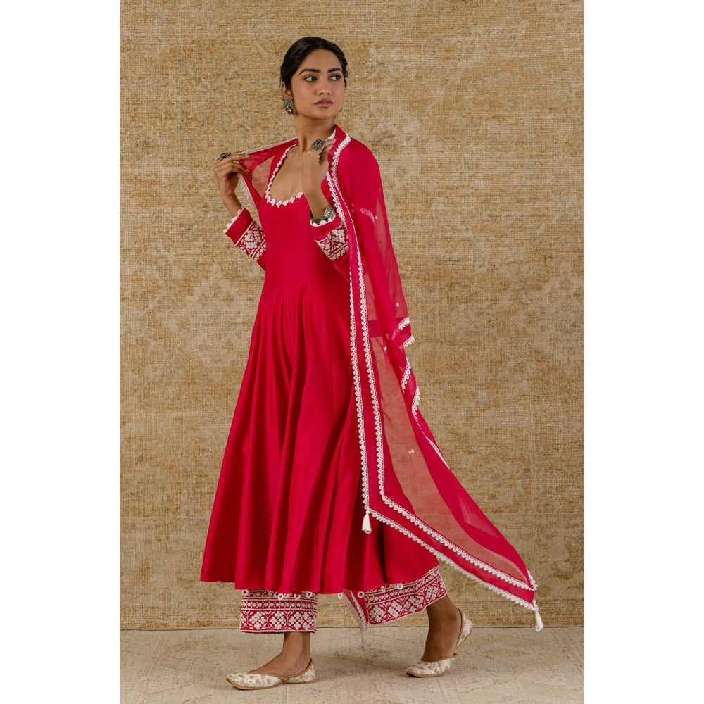 Devnaagri Fuchsia Pink Chanderi Anarkali and Pant with Dupatta (Set of 3)
