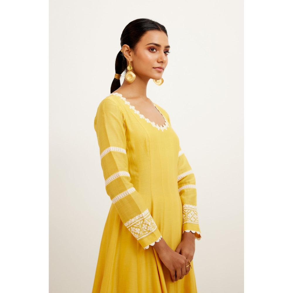Devnaagri Yellow Chanderi Anarkali and Pant with Dupatta (Set of 3)