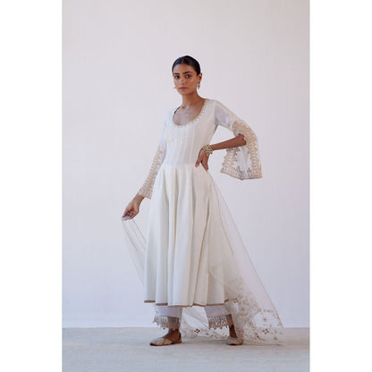 Devnaagri Ivory Dori Embroidered Anarkali and Palazzo with Dupatta (Set of 3)