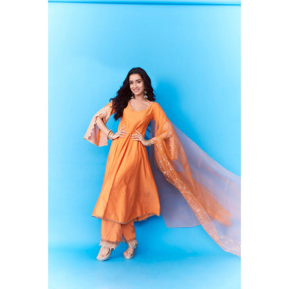 Devnaagri Orange Dori Embroidered Anarkali and Palazzo with Dupatta (Set of 3)