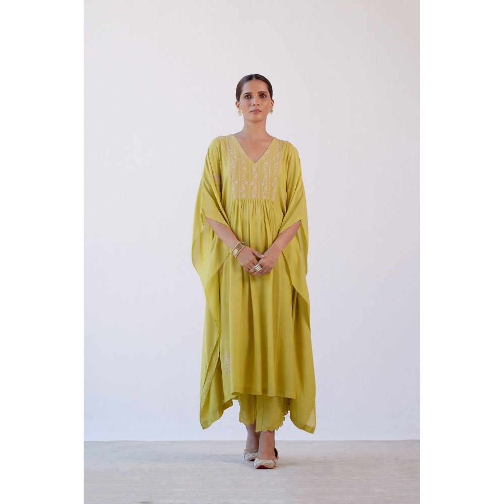 Devnaagri Lime Green Embroidered Kaftan and Palazzo (Set of 2)