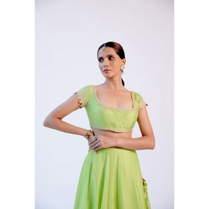 Devnaagri Green Hand Block Print Lehenga and Blouse with Dupatta (Set of 3)