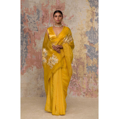 Devnaagri Mustard Hand-Painted Organza Saree with Stitched Blouse (Set of 2)