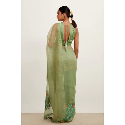Devnaagri Sage Green Hand-Painted Organza Saree with Stitched Blouse (Set of 2)