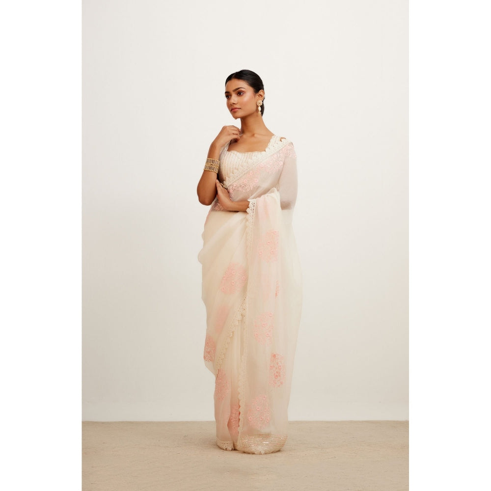Devnaagri Ivory Pink Silk Organza Saree with Stitched Blouse (Set of 2)