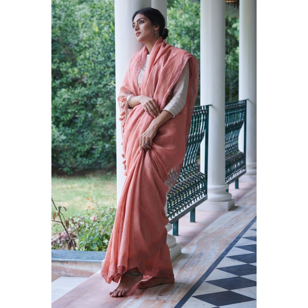 Dressfolk peach beautifully handwoven linen with golden zari buttas