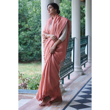 Dressfolk peach beautifully handwoven linen with golden zari buttas