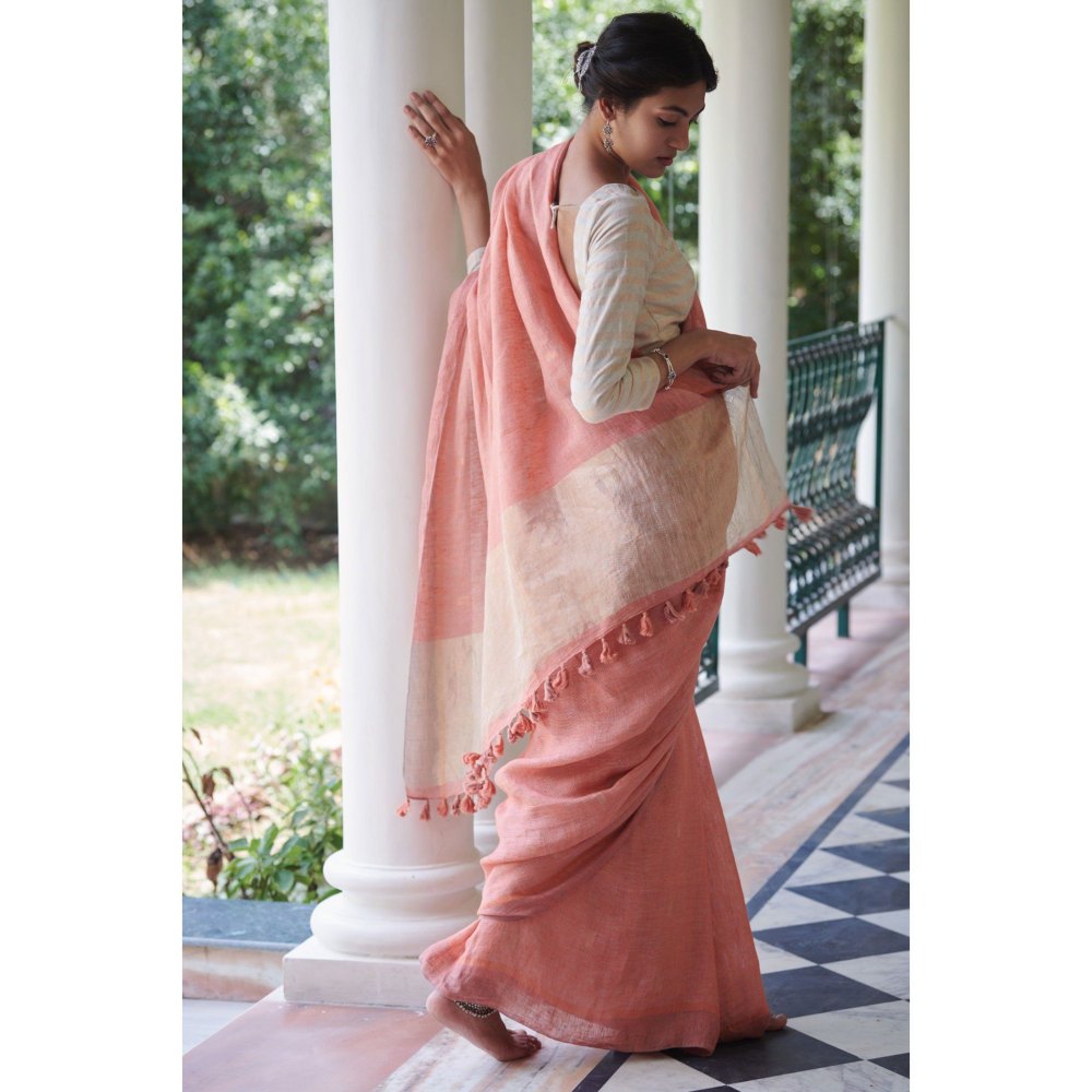 Dressfolk peach beautifully handwoven linen with golden zari buttas