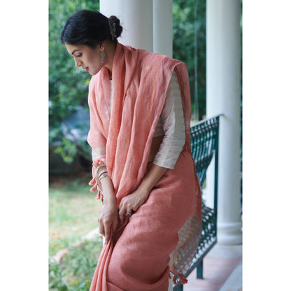 Dressfolk peach beautifully handwoven linen with golden zari buttas