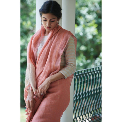 Dressfolk peach beautifully handwoven linen with golden zari buttas