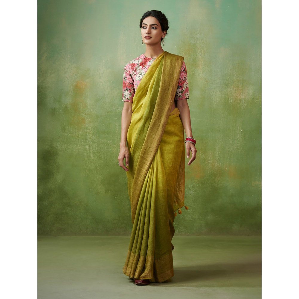 Dressfolk green ombre handwoven linen saree