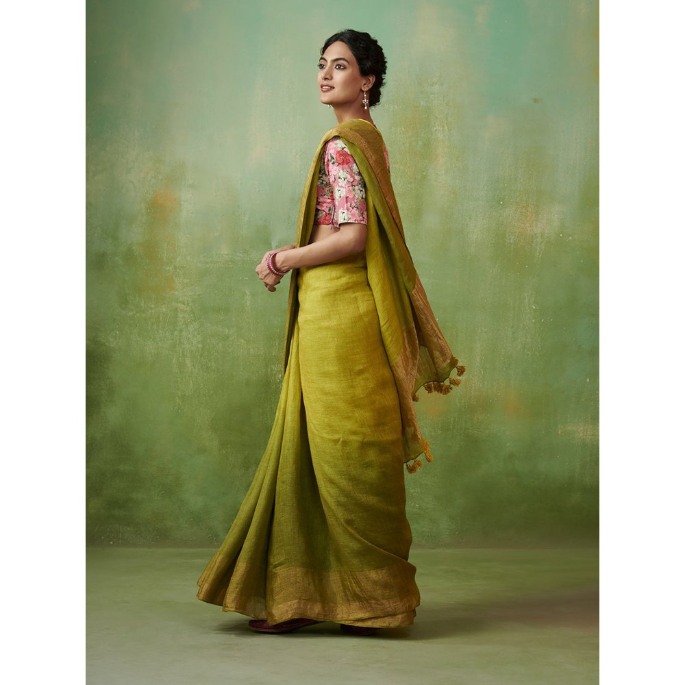 Dressfolk green ombre handwoven linen saree