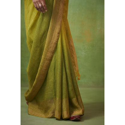 Dressfolk green ombre handwoven linen saree