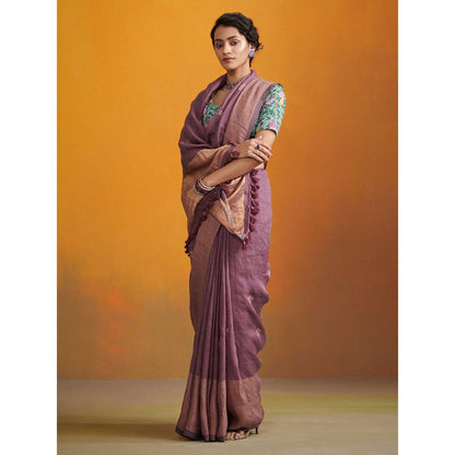 Dressfolk deep purple handwoven linen saree with jamdani motifs