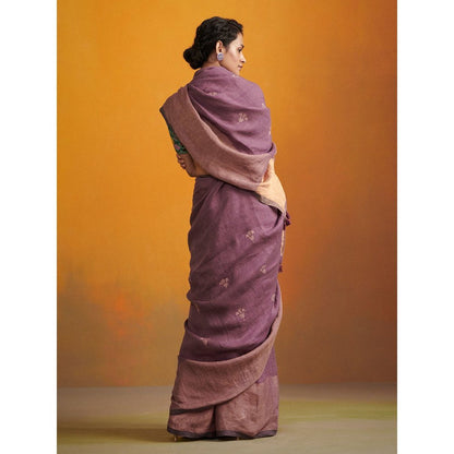 Dressfolk deep purple handwoven linen saree with jamdani motifs