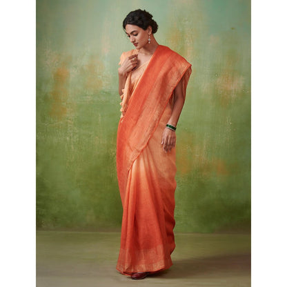 Dressfolk Tangerine ombre linen handwoven saree
