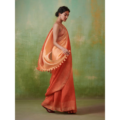 Dressfolk Tangerine ombre linen handwoven saree