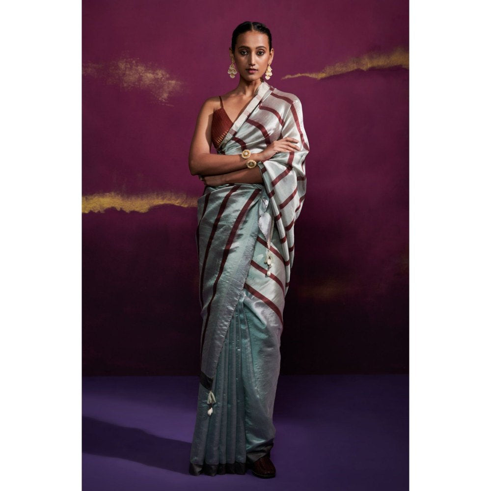 Dressfolk Powder Blue Saree with Deep Maroon Stripes In Anchal and Palla without Blouse
