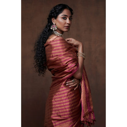 Dressfolk Magenta and Copper Stripes Handwoven Tissue Saree without Blouse