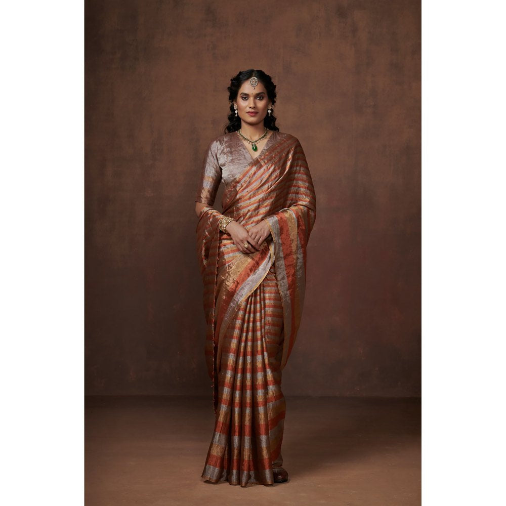 Dressfolk Silver, Gold and Copper Stripes Handwoven Tissue Saree without Blouse
