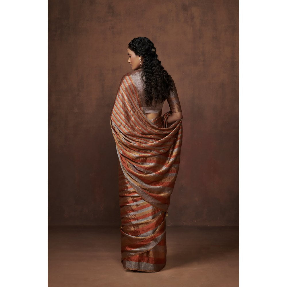 Dressfolk Silver, Gold and Copper Stripes Handwoven Tissue Saree without Blouse