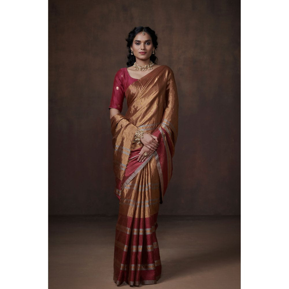 Dressfolk Classic Gold with Silver & Pink Zari Tissue Saree without Blouse