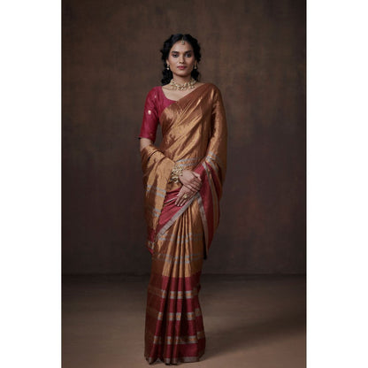 Dressfolk Classic Gold with Silver & Pink Zari Tissue Saree without Blouse