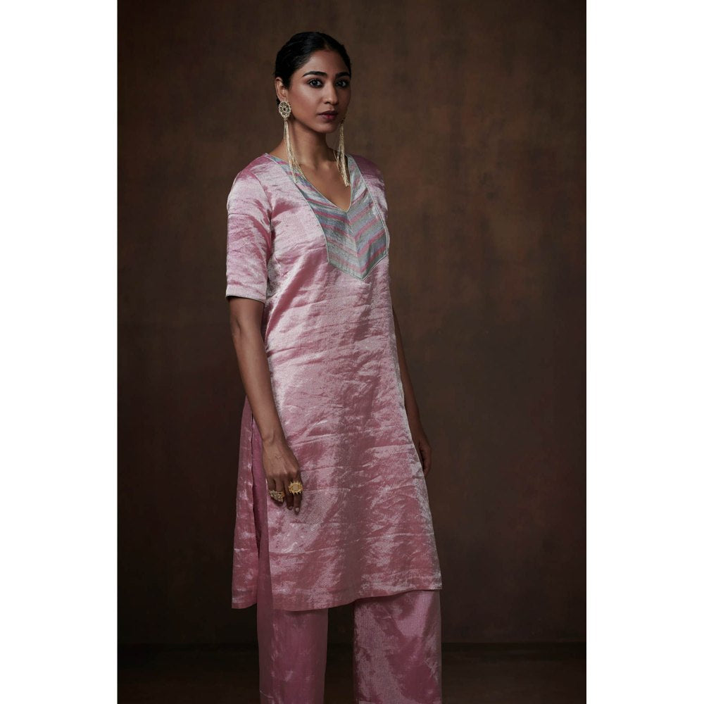 Dressfolk Metallic Pink Tissue Kurta Handwoven Chanderi Elegance (Set of 3)