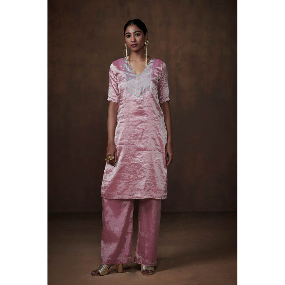 Dressfolk Metallic Pink Tissue Kurta Handwoven Chanderi Elegance (Set of 3)