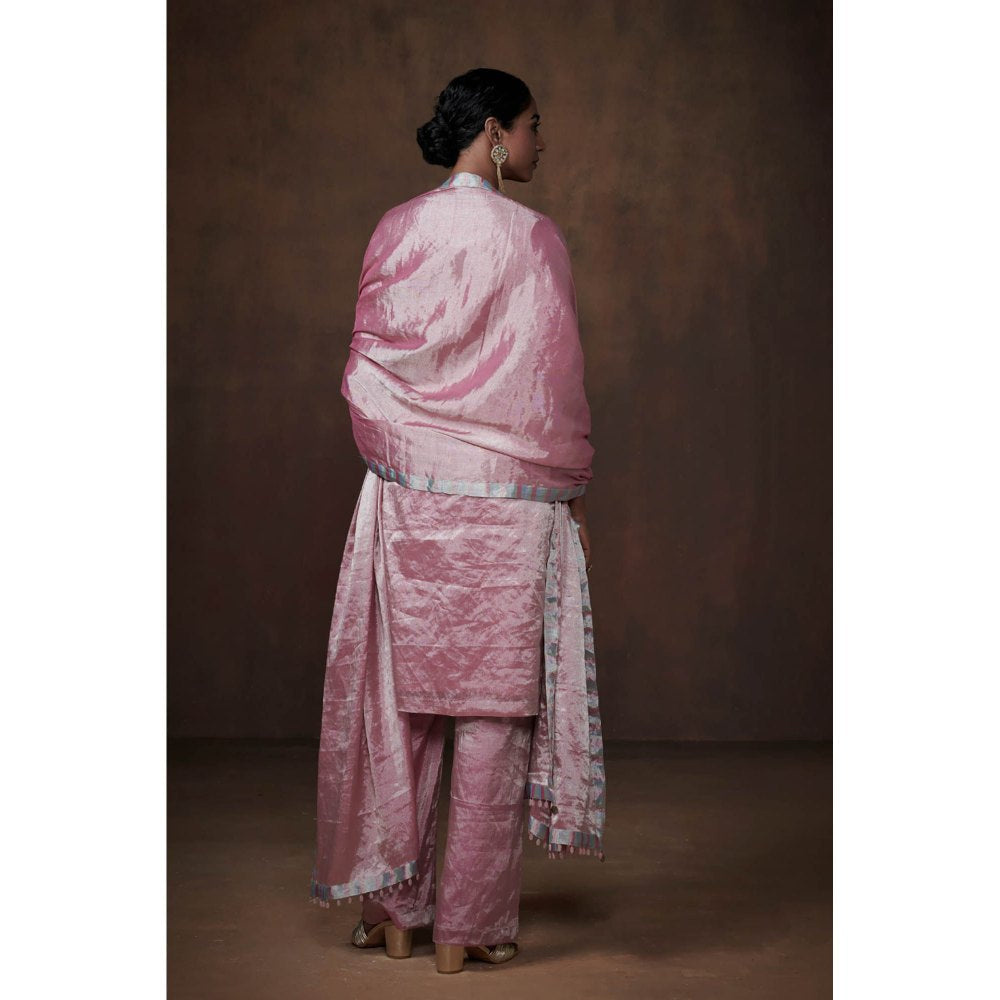 Dressfolk Metallic Pink Tissue Kurta Handwoven Chanderi Elegance (Set of 3)