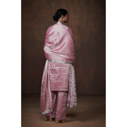 Dressfolk Metallic Pink Tissue Kurta Handwoven Chanderi Elegance (Set of 3)