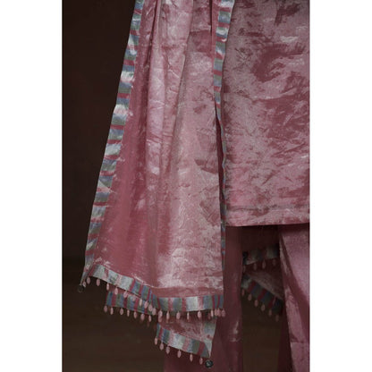 Dressfolk Metallic Pink Tissue Kurta Handwoven Chanderi Elegance (Set of 3)