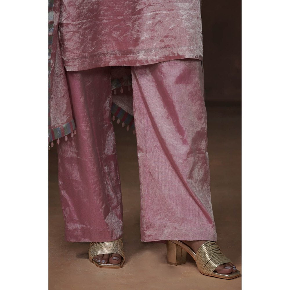 Dressfolk Metallic Pink Tissue Kurta Handwoven Chanderi Elegance (Set of 3)