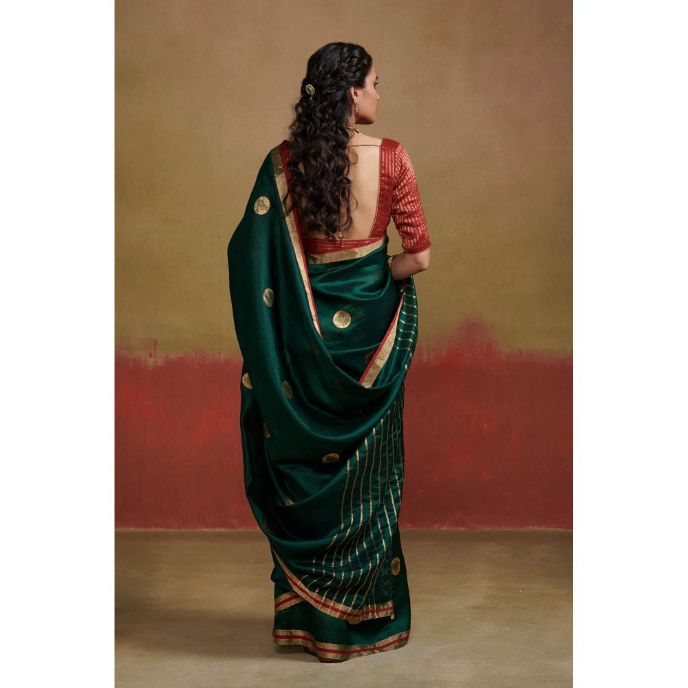 Dressfolk Dark Green Handloom Chanderi Silk Saree with Zari without Blouse