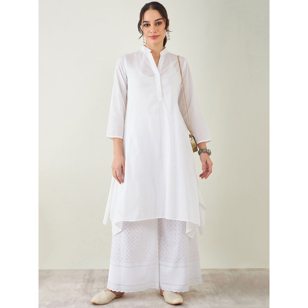First Resort by Ramola Bachchan White Cotton Shirt Dress With Embroidered Pants (Set of 2)