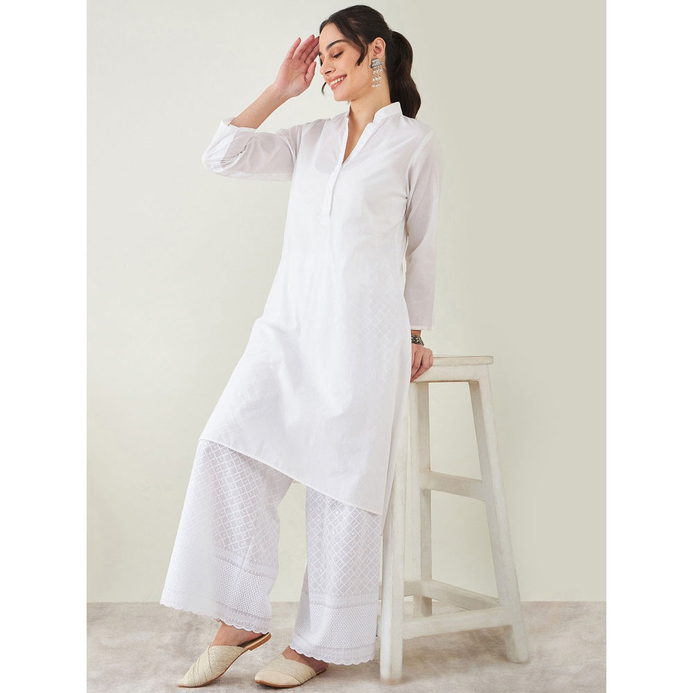First Resort by Ramola Bachchan White Cotton Shirt Dress With Embroidered Pants (Set of 2)