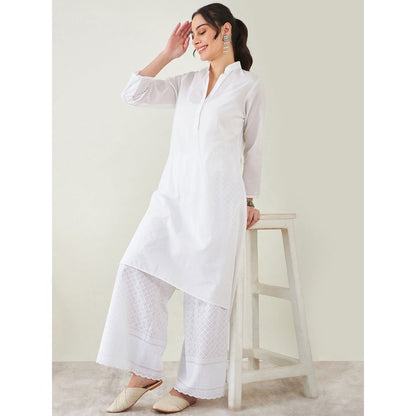 First Resort by Ramola Bachchan White Cotton Shirt Dress With Embroidered Pants (Set of 2)